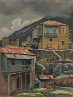 Stemnitsa Houses with Light Snow, Mountains — Oil painting, Canvas, 50.00×65.00cm — Theodoros Markellos